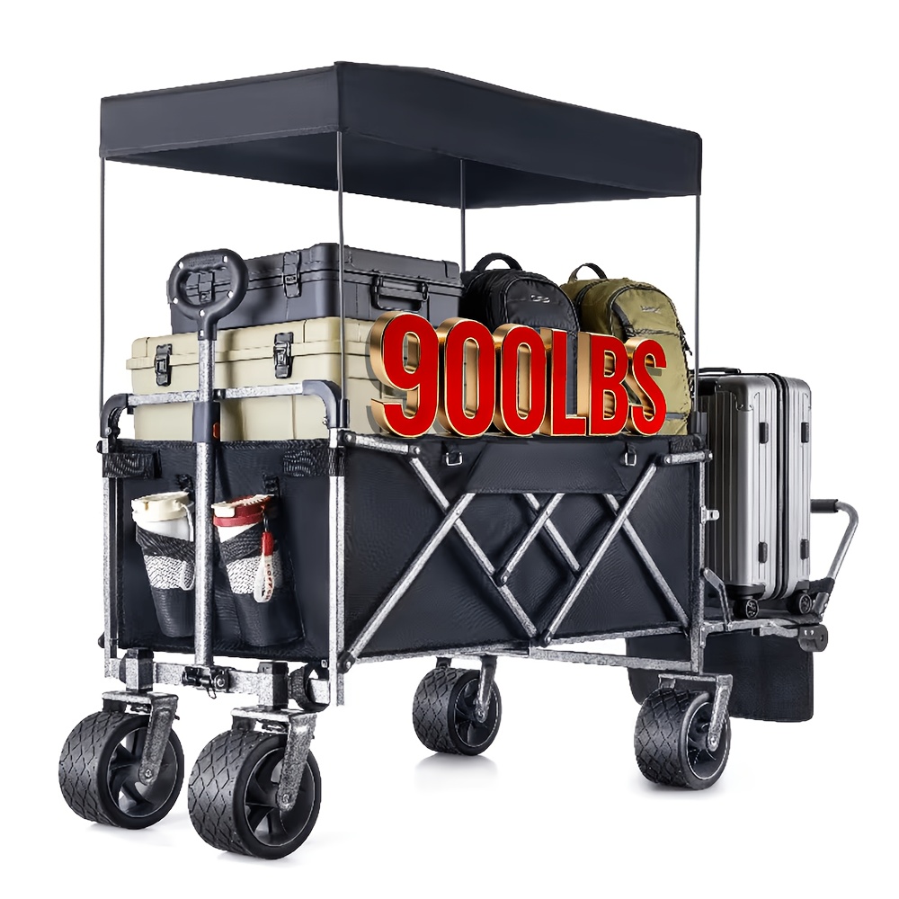 Image of Heavy Duty Foldable Wagon Trolley Cart Handcart, 900lbs Load 188l Large Capacity With Canopy, All Terrain Tank Full Rotation Wheels Utility Cart For Camping Gardening Shopping