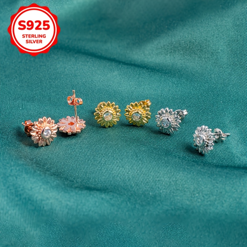925 Silver Sunflower Earrings, Lightweight Zirconia Studded for Parties