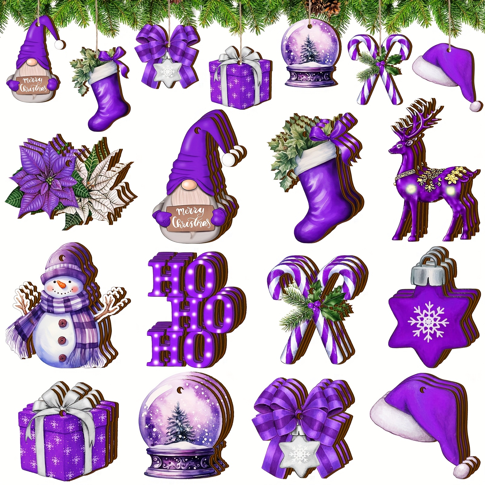 TEMU 36pcs Christmas Wooden Ornaments Purple Christmas Decorations For Tree Snowman Gnomes Poinsettia Flowers Truck Wreath Wood Cutouts Tags With