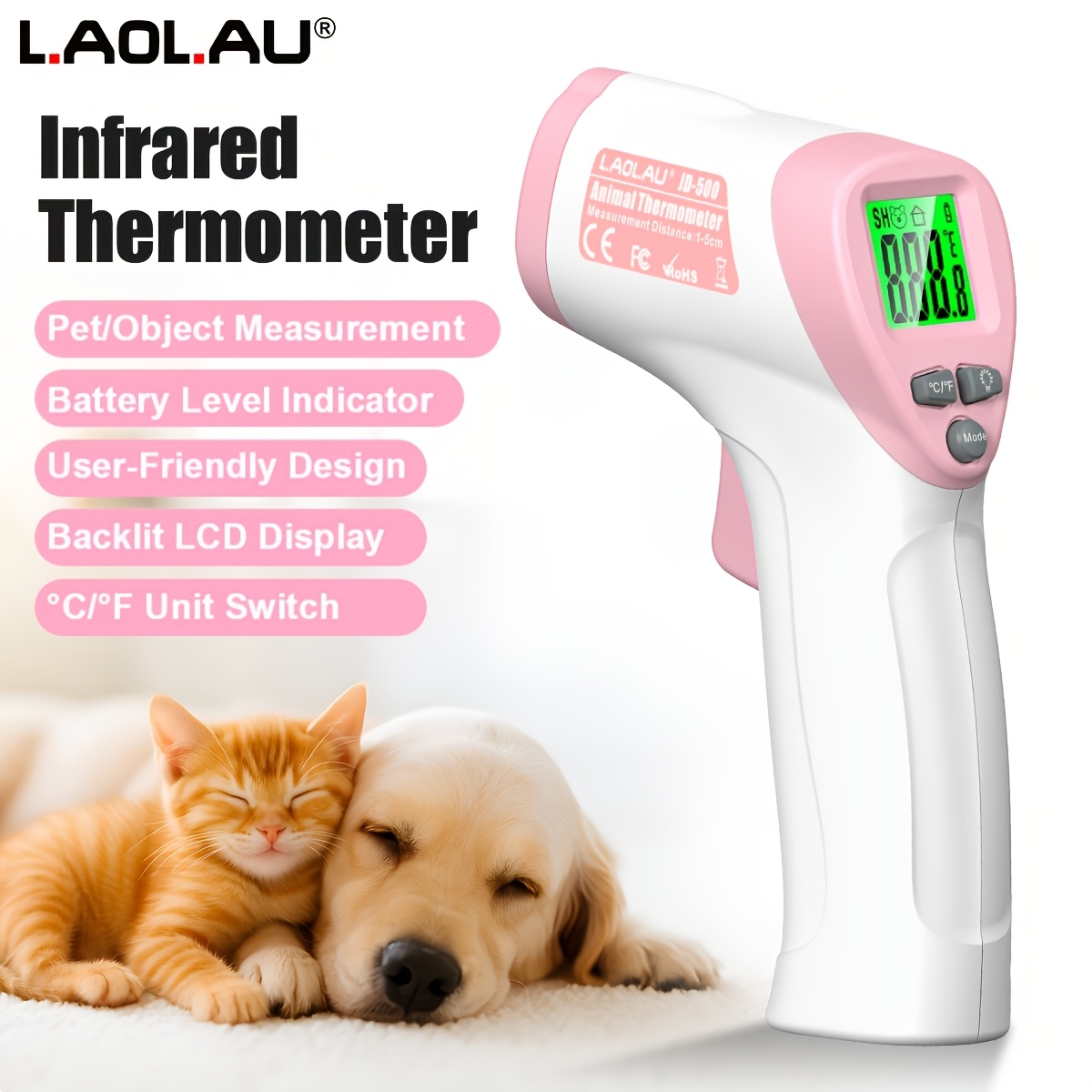 L.AOL.AU JD-500 Infrared Animal Thermometer, Non-Contact, for Home & Livestock, One-Key Measurement, LCD Backlight, Auto-Off, Fits Cats, Dogs, Cattle & Sheep, 32-45°C Animal Mode, -20-280°C Object Mode, °C/°F, Requires 2 AAA Batteries (ShipNoInclud)