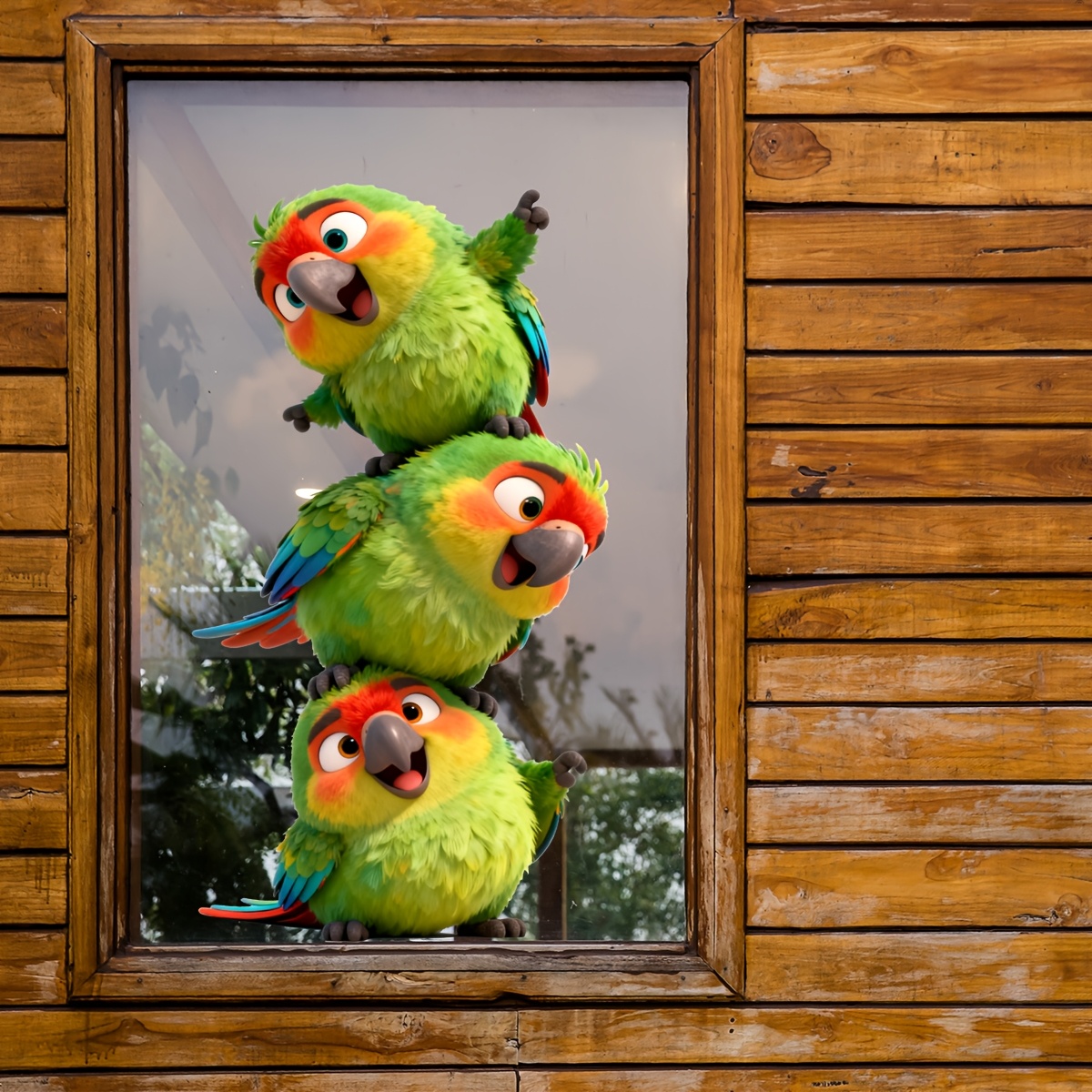 E-shop Drei Grüne Kleine Vögel Fensteraufkleber, Niedliche Papageien Dekorative Glas Aufkleber, Heimdekoration, PVC Klebstofffreie Statik Aufkleber