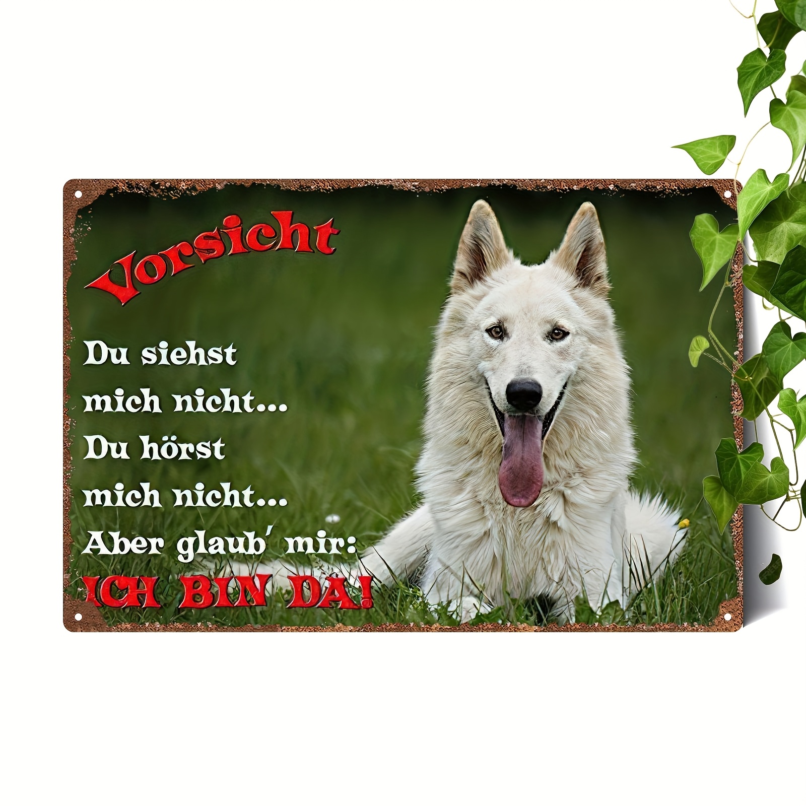 TEMU 2d Flat, 2d Flat, A Metal Sign, Handcrafted, Featuring A Dog With A Gentle Gaze And Tongue Out, Set Against A Green Background, Conveying Themes