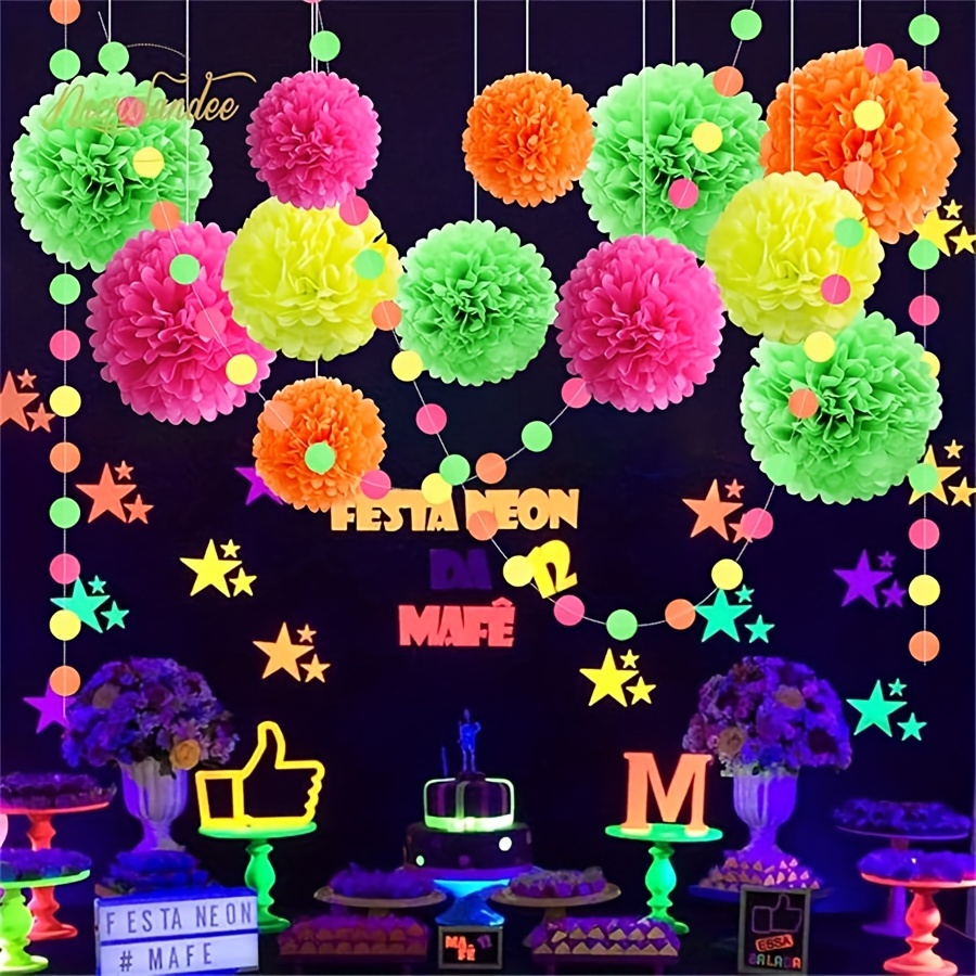 

13pcs Neon Tissue Paper Pom Poms & Garlands Set - Themed Paper Decorations For Weddings, -the-dark Parties, Neon Prom, Photo Backdrops, No Electricity Needed