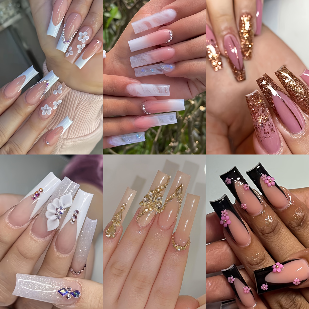 TEMU 144pcs Long Square Water Pipe Nail Art Ballet Nail Spring Glitter 3d Flower Glitter Diamond Full Cover False Nail Stickers Set For Women & Girls