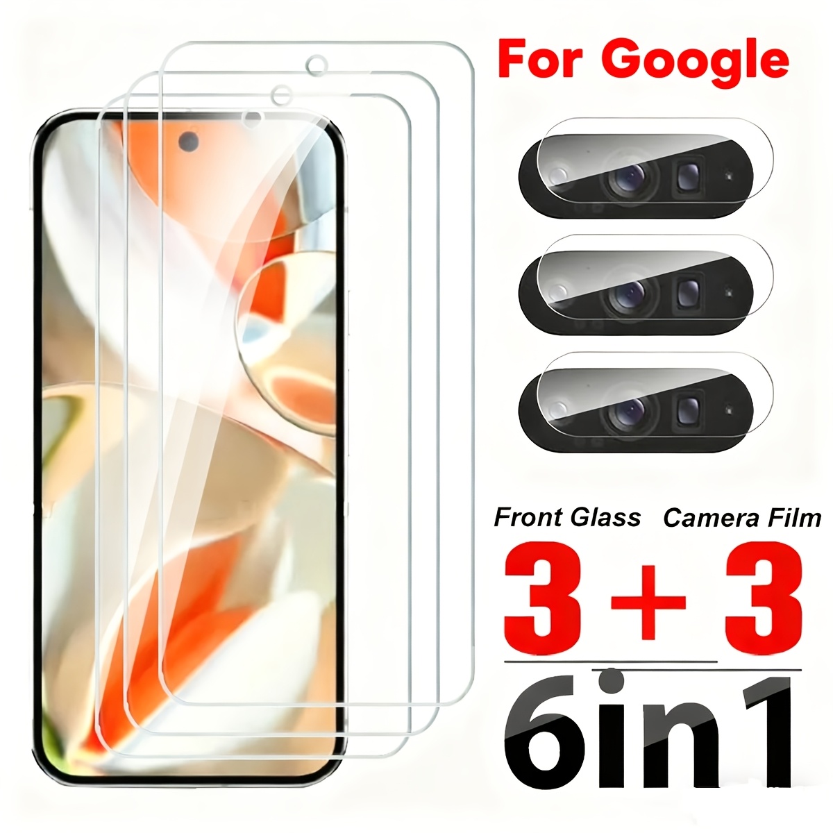 E-shop 6-in-1 Glas Schutzfolie für Google Pixel Pro XL Hülle, gehärtetes Glas, 9A 8 8A 7 7A 6 6A 5G Displayschutzfolie, HD Objektiv Film