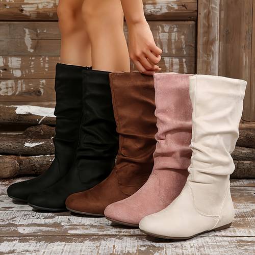 womens calf boots vintage round toe low heel winter boots with side zipper soft fabric upper and eva sole for daily wear and outdoor activities classic solid color comfortable footwear women shoes
