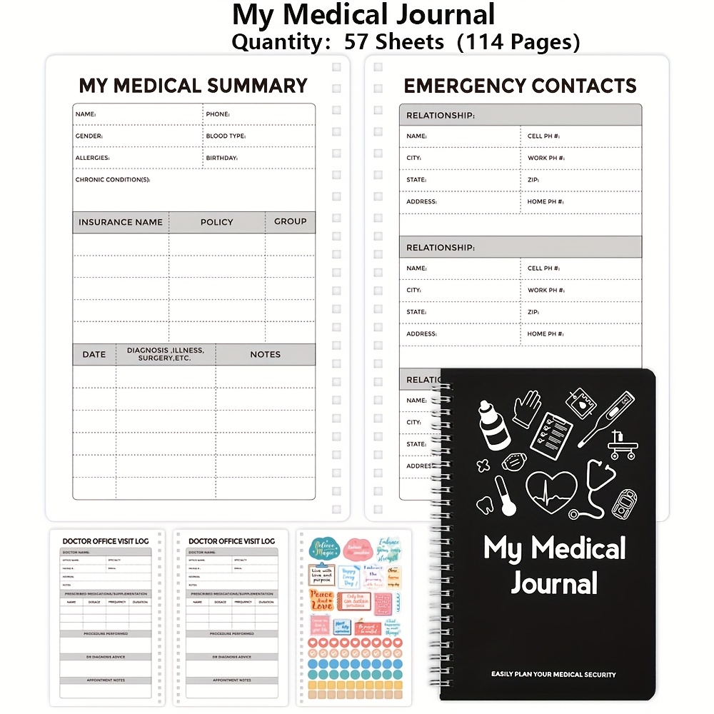 TEMU 57 Sheets Personal Medical Journal, Medical Notebook Records Organizer, Log Book, Health Medical History Supplies For Home Nursing & Living