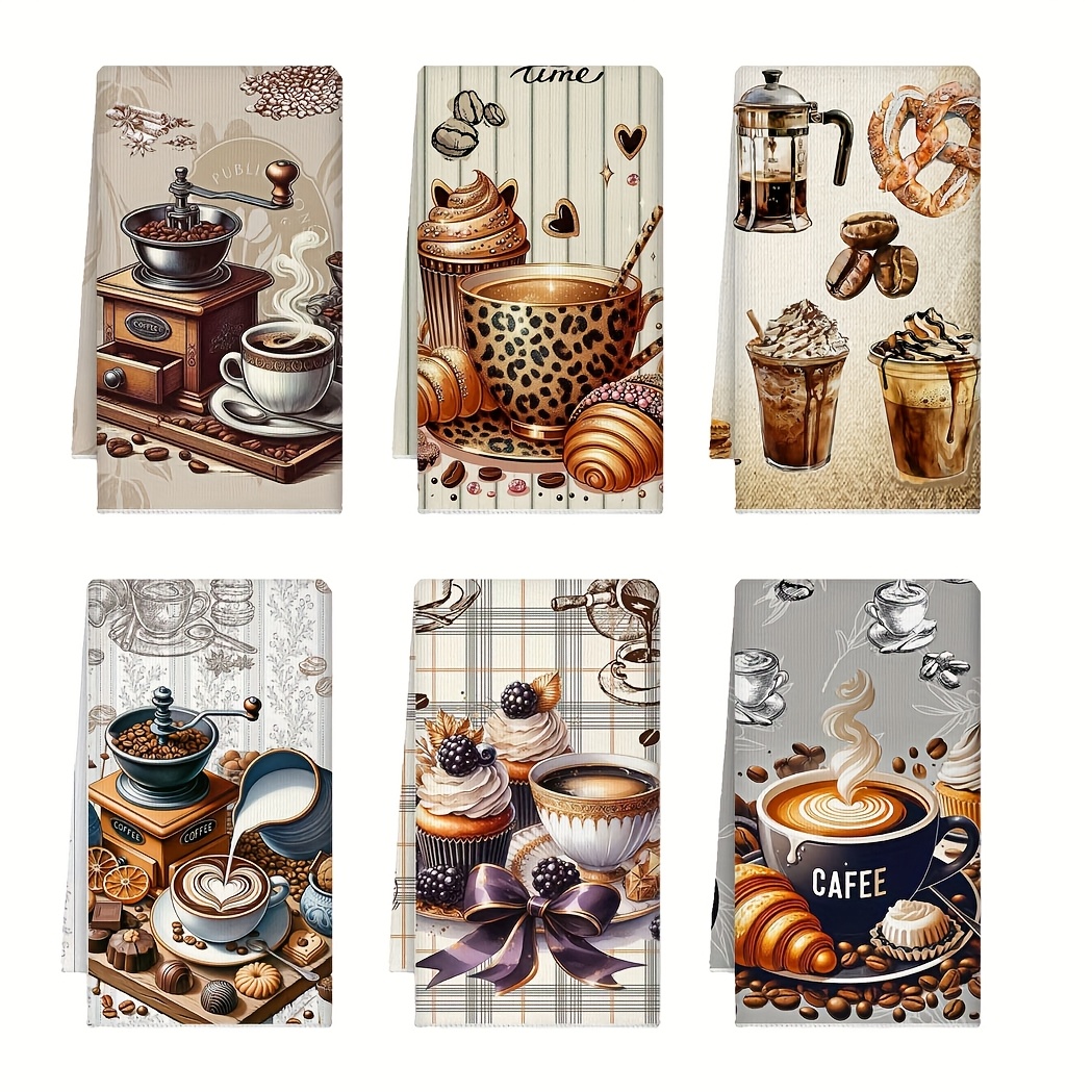 Image of 6pcs Coffee Pattern Kitchen Towels, , Gift For , Soft And Cartoon Theme, Suitable For Cafe Decor And Housewarming Gift, Coffee Bar Additions, Perfect For Kitchen Or Bathroom Supplies, 40 X 60cm