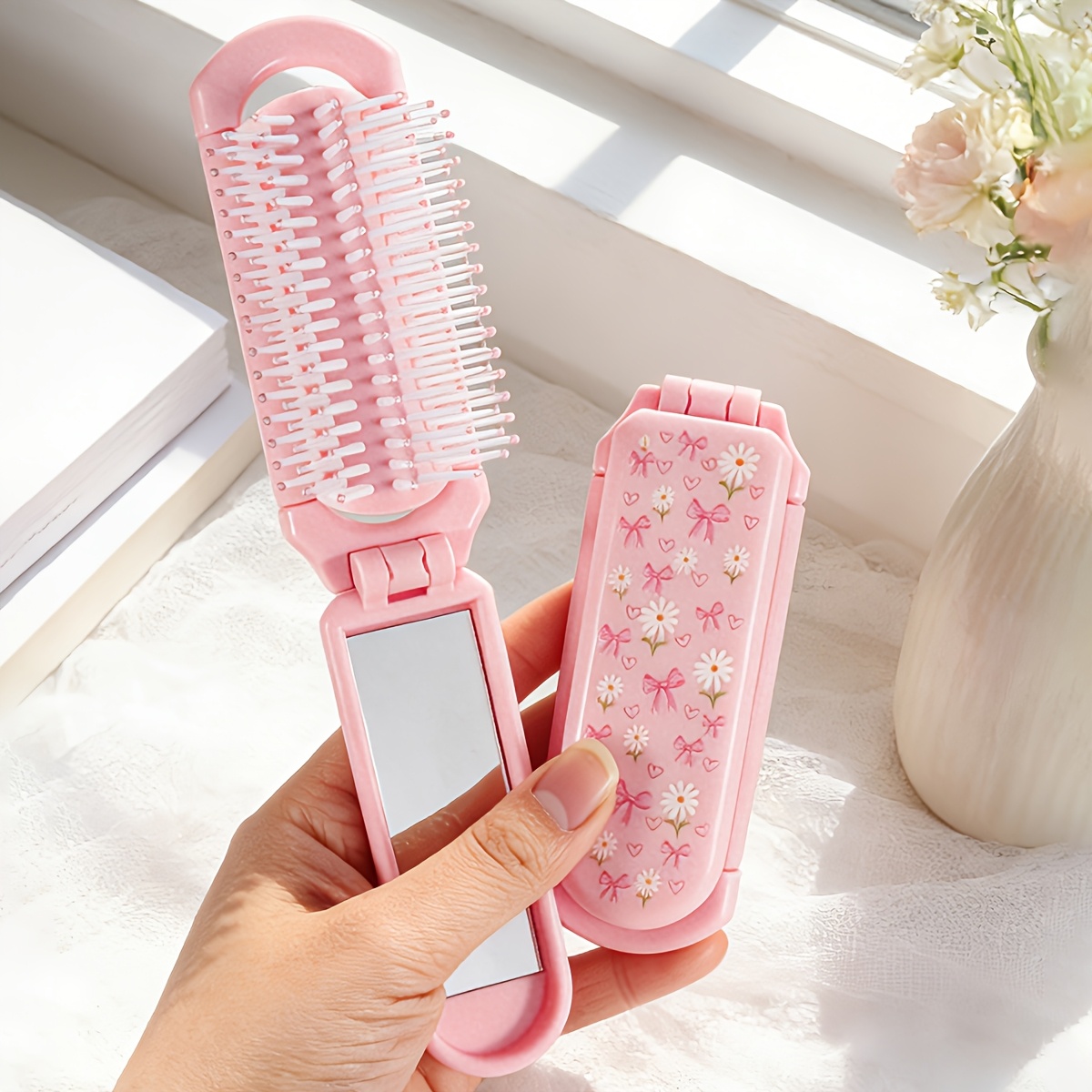 TEMU 1 pièce Peigne pliant rose avec - Peigne à cheveux de poche pliable adapté pour , intégré, peigne en plastique compact et portable avec imprimé