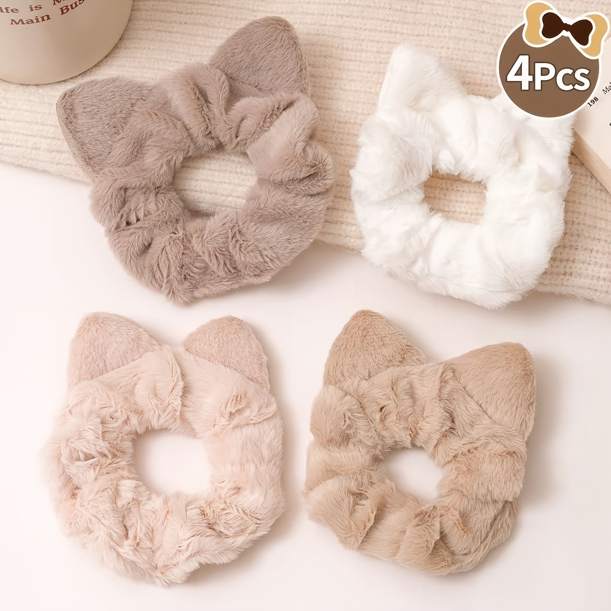TEMU 4pcs Set Of Cute Plush Cat Ear Hair Ties, Fluffy Ponytail Holders, Spiral Hair Scrunchies, Hair Ties, Women's Hair Ties, Gifts For, Things Like,