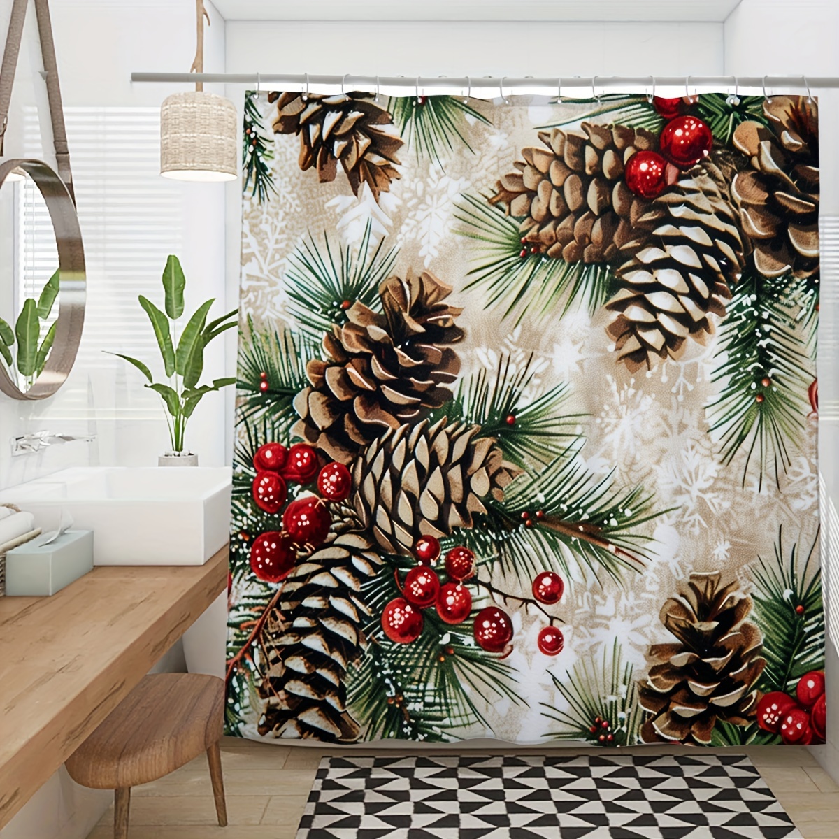 

Christmas Pinecone And Berries Print Shower Curtain, Water-resistant Polyester Fabric Bath Decor With 12 Hooks, Machine Washable, Modern Artistic Design, 72x72 Inch