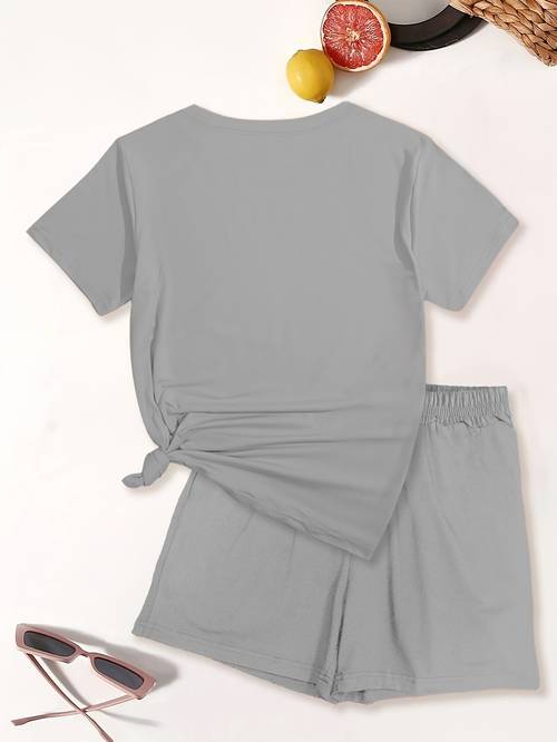 palme mit abstrakten formen damen-freizeit-loungewear-set mit reinem druck, rundhals, kurzarm, tasche shorts