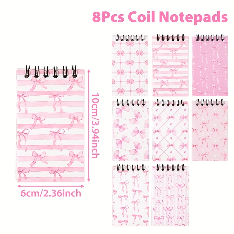 8pcs, Pink Bow Mini Coil Book Notebook, Pink Bow Bowknot Pattern Theme Spiral Notepad Coil Notebook - , Notes And Creative , Bowknot Birthday And Shower Gifts