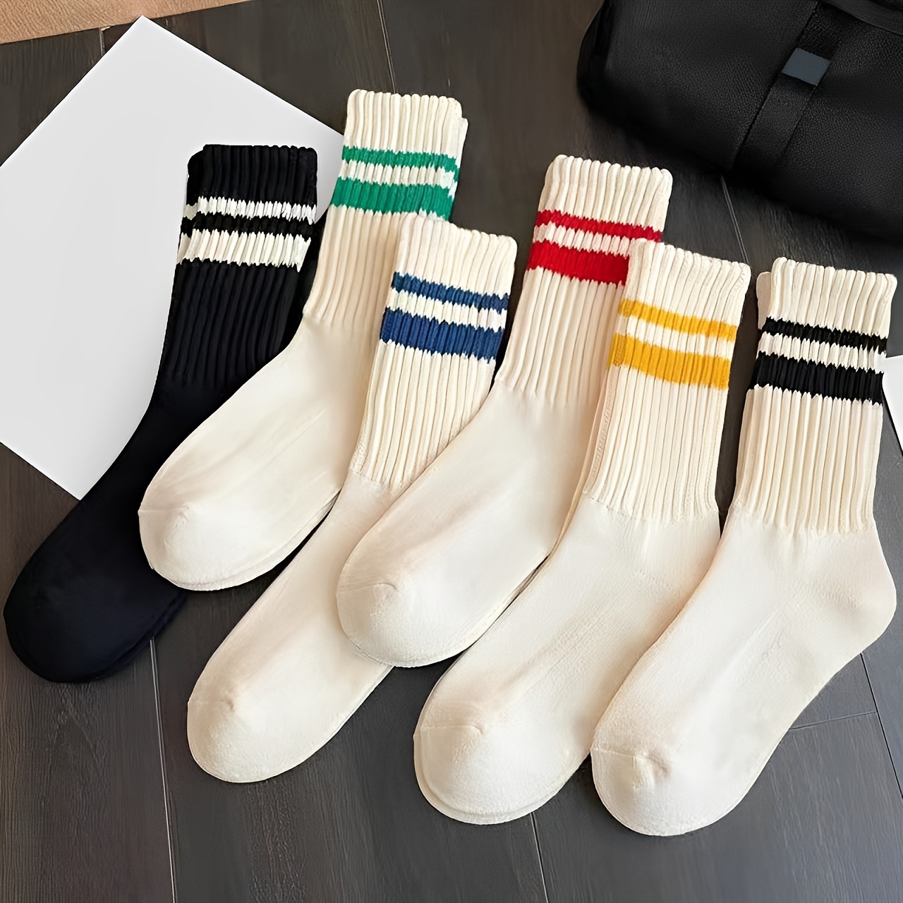 

6 Pairs Striped Chunky Knit Socks, Simple & Trendy Thick Mid Tube Socks For Fall & Winter, Women's Stockings & Hosiery