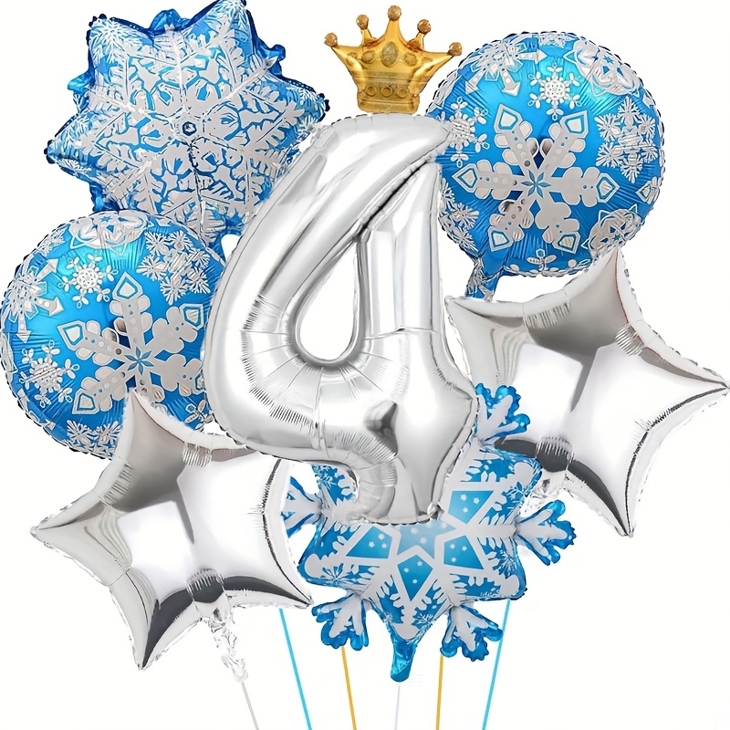 Image of 8pcs Snowflake Foil Balloons, Frosted Snowflake 0-9 Birthday Balloons With Crowns And 0-9 Numbers, Blue Themed Party Decorations, Christmas New Year Birthday Party Decorative Balloons
