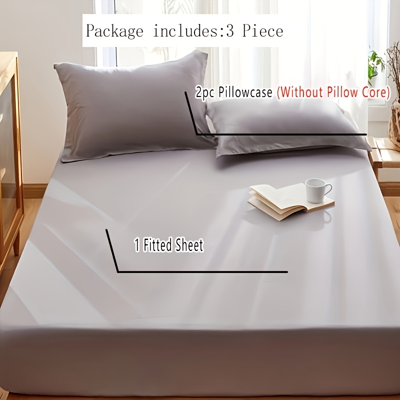 3pcs Solid Color Fitted Sheet Set (1 Fitted Sheet + 2 Pillowcases, No Pillow Inserts)