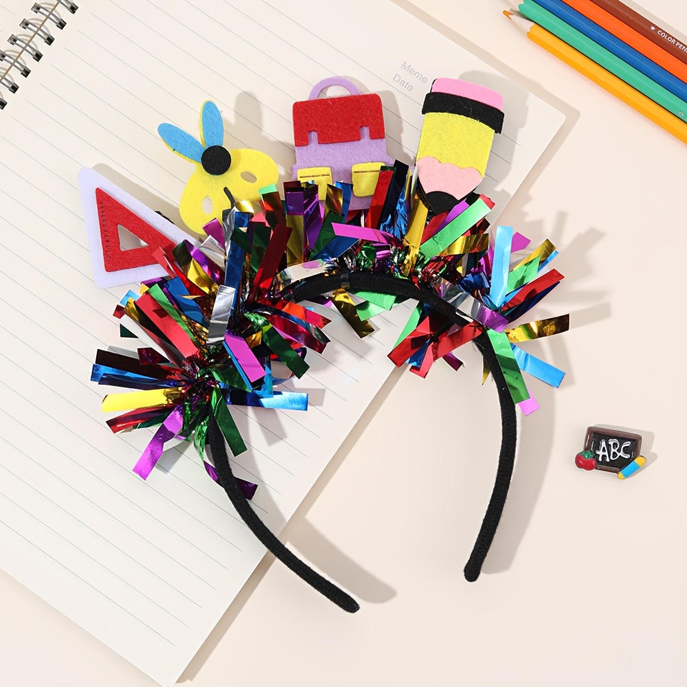 TEMU 1pc Back To School Hair Headbands For Pencil Ruler Scissors Schoolbag Decor Hair Hoops For Gifts Colorful School Hair Accessories For School
