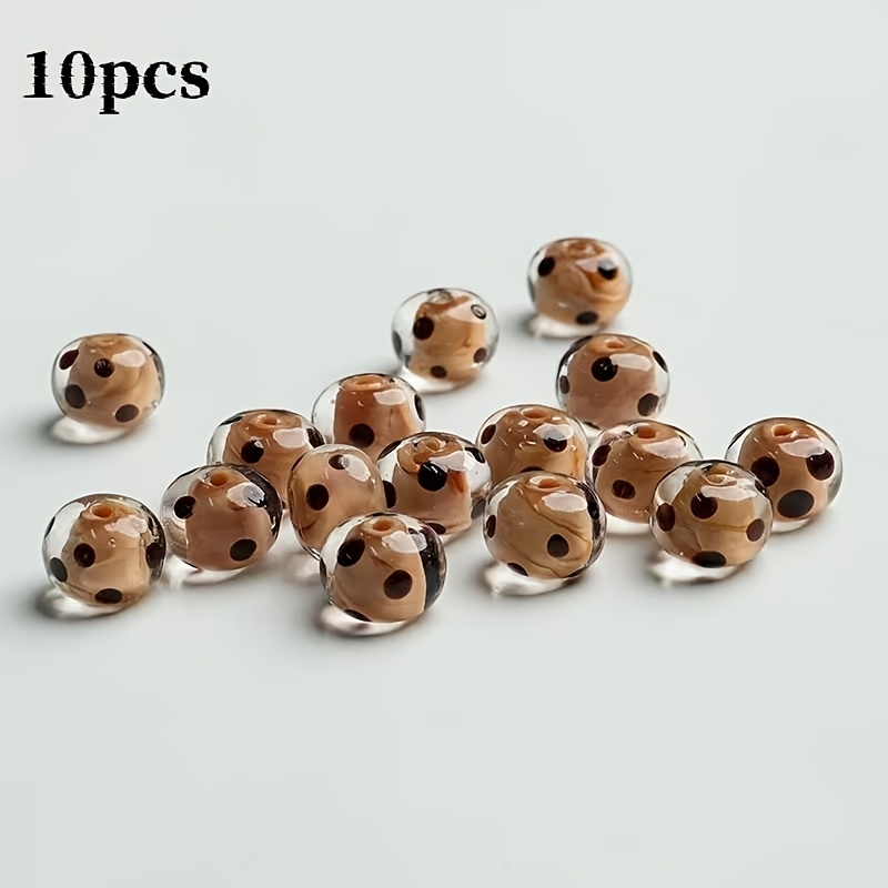 TEMU 10pcs Vintage Mocha Polka Dot Glass Beads - Mocha Suitable For Making, High- Wheel Beads With Mocha Dot Color, Handmade Beading Supplies For,,