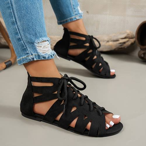 ins trending fashionable vintage round toe flat soled open toe sandals in black beige and brown with a lace up and back zipper design versatile for outdoor wear summer womens low top sandals women shoes