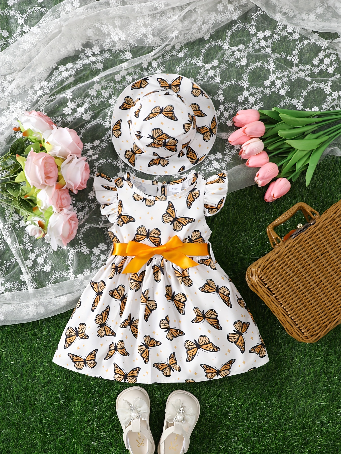 2pcs Little Girl Butterfly Dresses Outfit Floral Tank Dress And Graphic  Cardigan Top Set, For Cute And Casual Look, Kids Clothing Gift