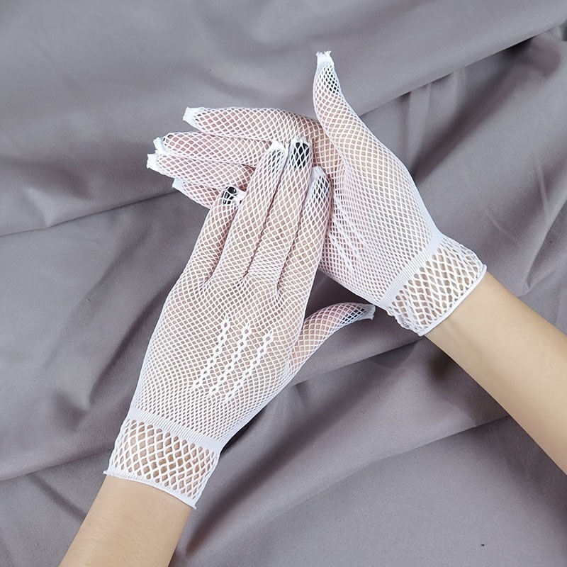 

1 Pair Of Chic Summer Thin Mesh Gloves - High , Breathable Polyester Fishnet Design With Decorative Patterns, Weddings & Evening Dates, Sun Protection, Hand Washable - White