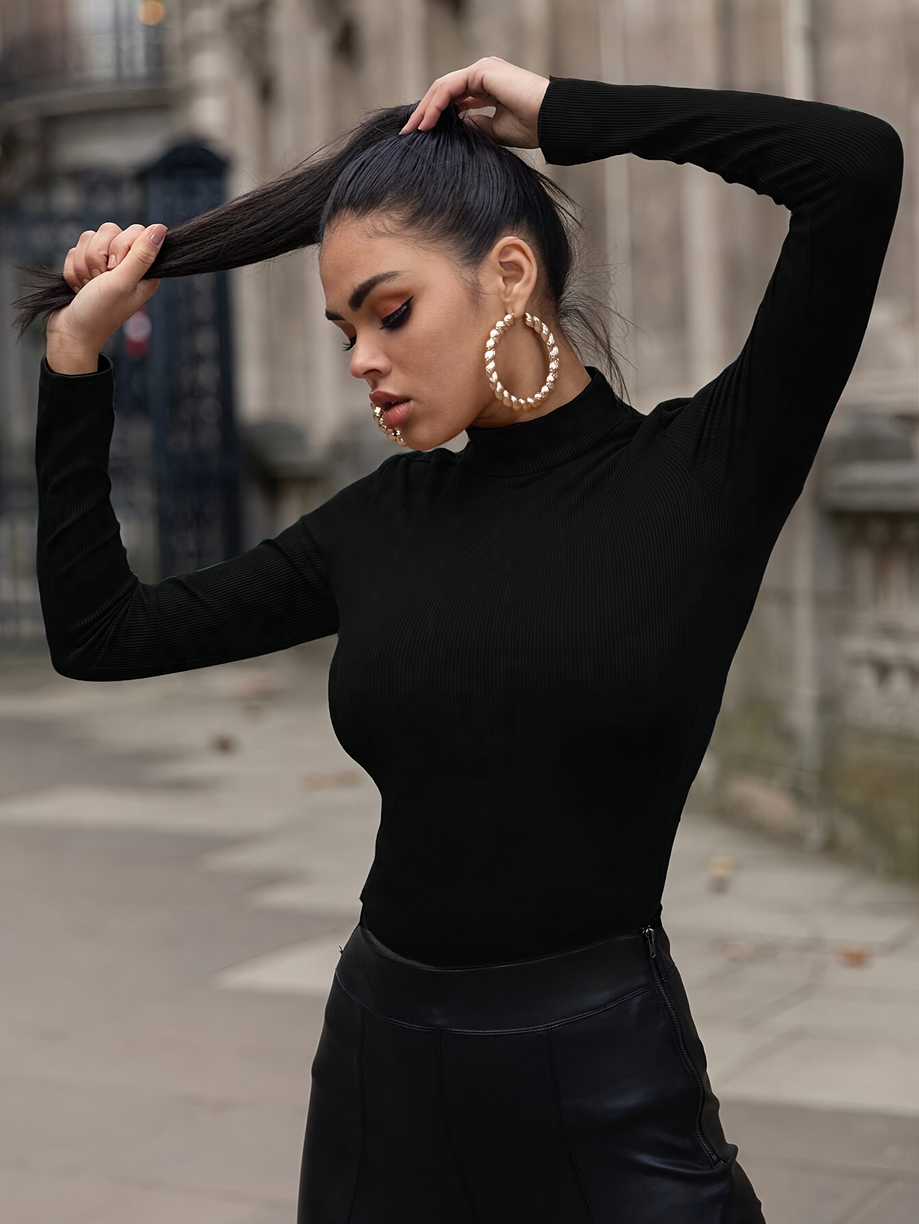 Slim Mock Neck Plain Color T-shirt, Casual Long Sleeve Top For Spring & Fall, Women's Clothing