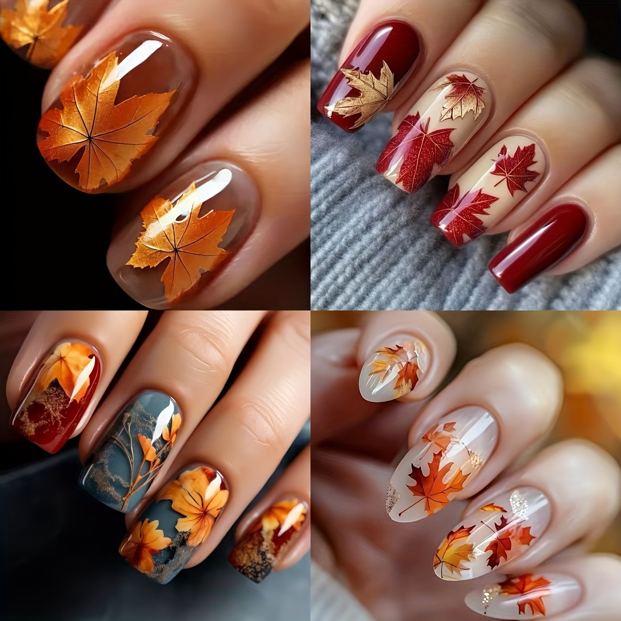 TEMU Un ensemble de 96 faux ongles en 4 styles sur le thème de et de l'hiver avec des floraux rouges et jaunes, comprenant des feuilles de doigt