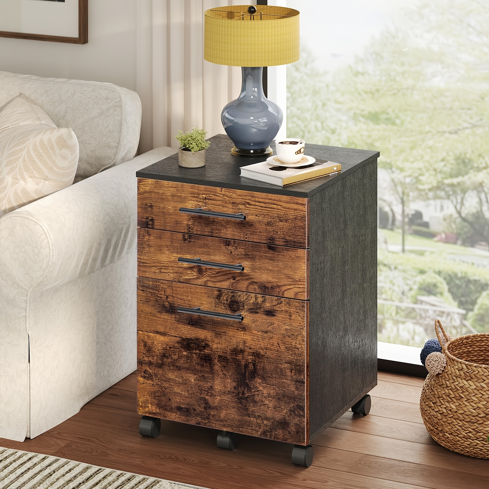 Image of 3-drawer Filing Cabinet | Brown And Black, Wooden Under Desk Filing Cabinet With Hanging File Compartments, Cabinet Suitable For Home Offices, Small Rolling Filing Cabinets, Hanging Folders