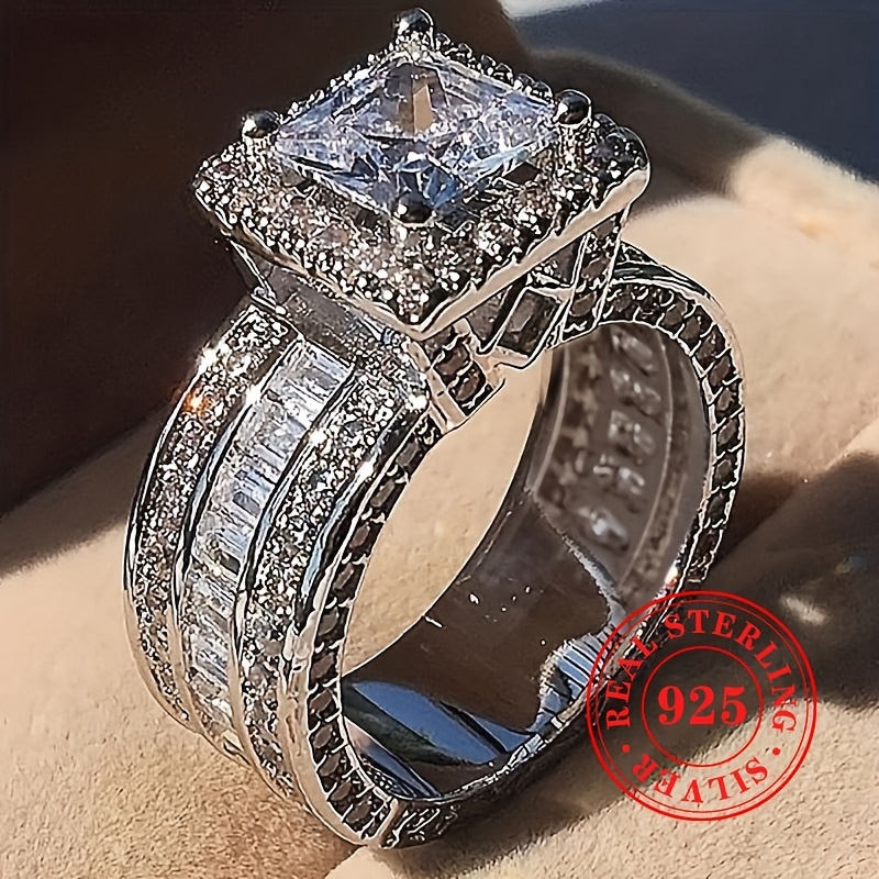 

925 Sterling Silver Inlaid Square Cut Shiny Zircon Ring Women's Engagement Wedding Ring Jewelry Accessories