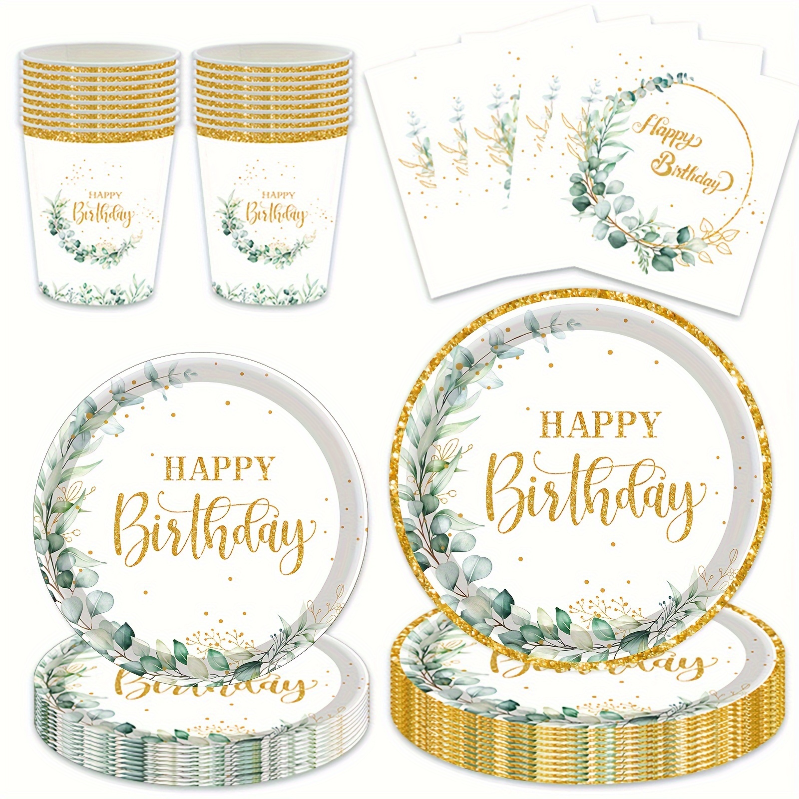 

Sage Green And Gold Foil Happy Birthday Party Supplies Set - Disposable Paper Plates, Cups, Napkins For Jungle Themed Birthday, Wedding, Bridal Shower - Elegant Party Tableware Kit For All Seasons