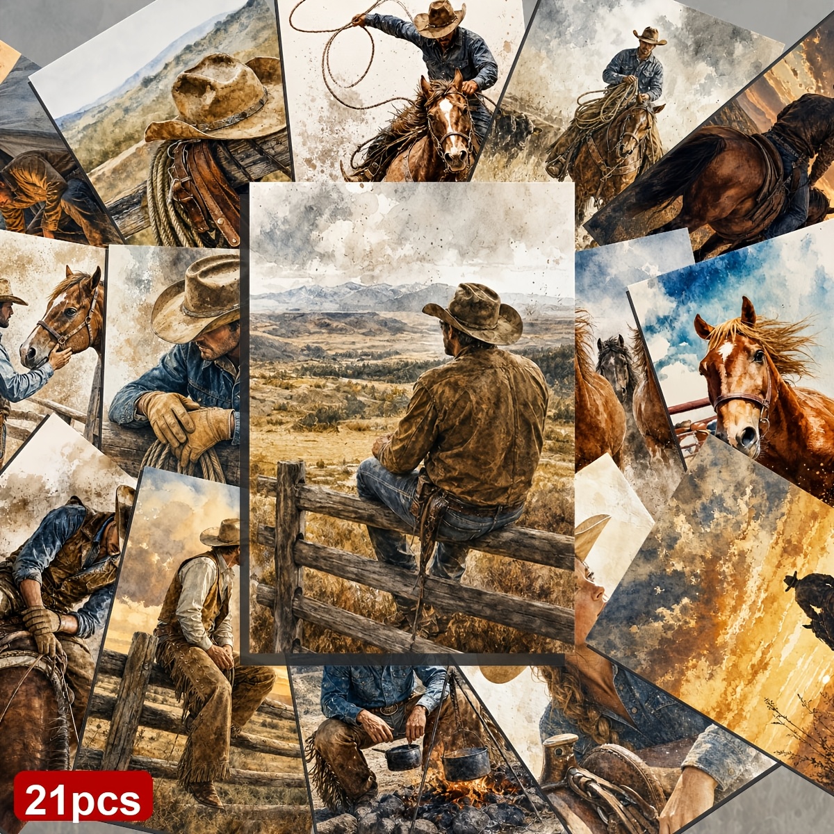 TEMU 21 Pack Western Cowboy Life Decorative Paper Postcards - 9.5x14.5cm Vintage Junk Journal Paper, Watercolor Artwork, Collectible Decorative