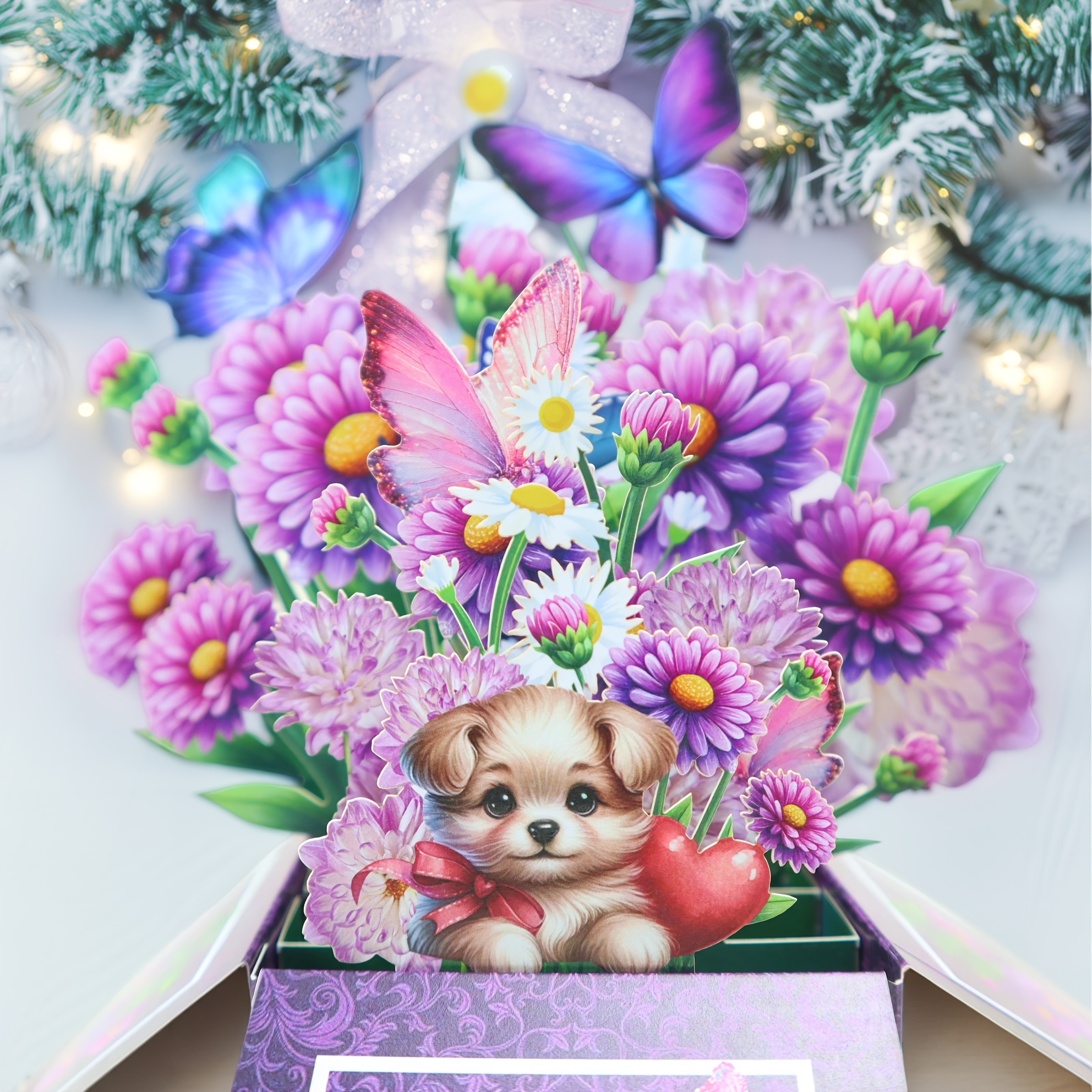 TEMU A Floral 3d Pop-up Greeting Card Featuring A Puppy And Bouquet. A Versatile Holiday Blessing Card Suitable For , , , , Girlfriends, Fathers,