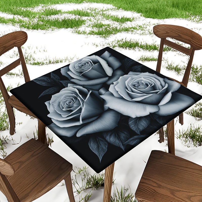 TEMU 1pc Square Fitted Tablecloth Black White Rose Flower Elastic Square Outdoor Tablecloths Elastic Table Cover For Tables Wipeable Table Cover For