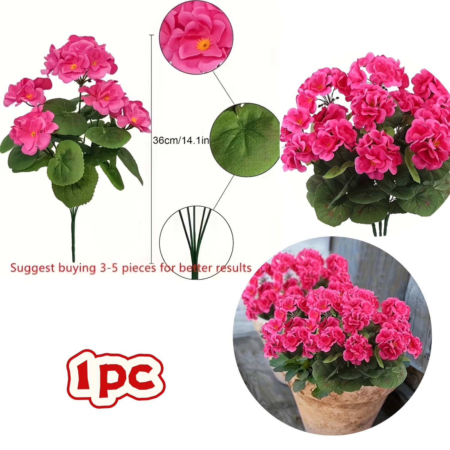 Image of 1 Artificial Geranium Flower - Lifelike For Indoor And Outdoor Decor | Uv Resistant, Low Maintenance For Gardens, Patios, Porch Centerpieces (no Watering Required)
