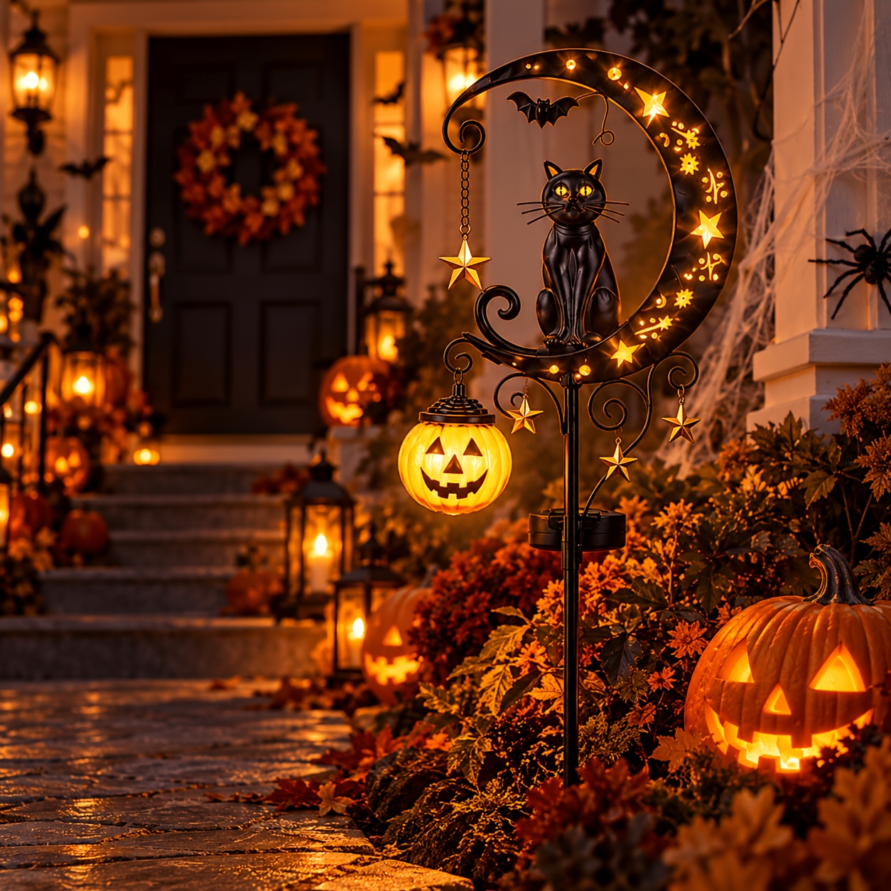 TEMU [3d] 2/1pc Halloween Solar Garden Stake Light, Black Cat And Glowing Pumpkin Lantern Outdoor Decor, Auto On At Night, Weather-resistant Metal