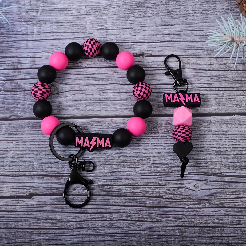 TEMU 2pcs/set Handmade Lightning Mama Silicone Grid Silicone Bead Key Ring/keychain Ring, Ring, Key Pendant, Bag Hanging Accessory, Anti Loss Chain Gift For Ladies And Mothers