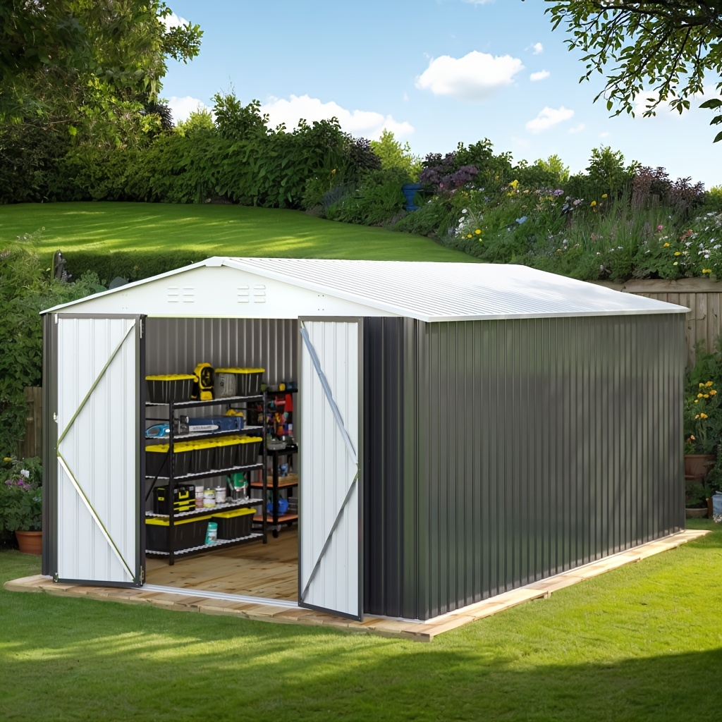 

10 X 14 Ft Outdoor Storage Shed, Metal Garden Shed Featuring An Frame Structure, Tool Shed , Garden, Patio, Or Lawn, And Comes With A Stylish, .