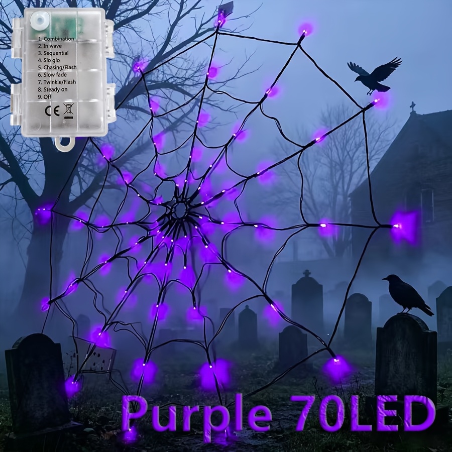 TEMU Battery-powered Halloween Web String Lights With 8 Lighting , 70 Leds In Purple And Orange. Suitable For Indoor And Outdoor Use, Decorative Net