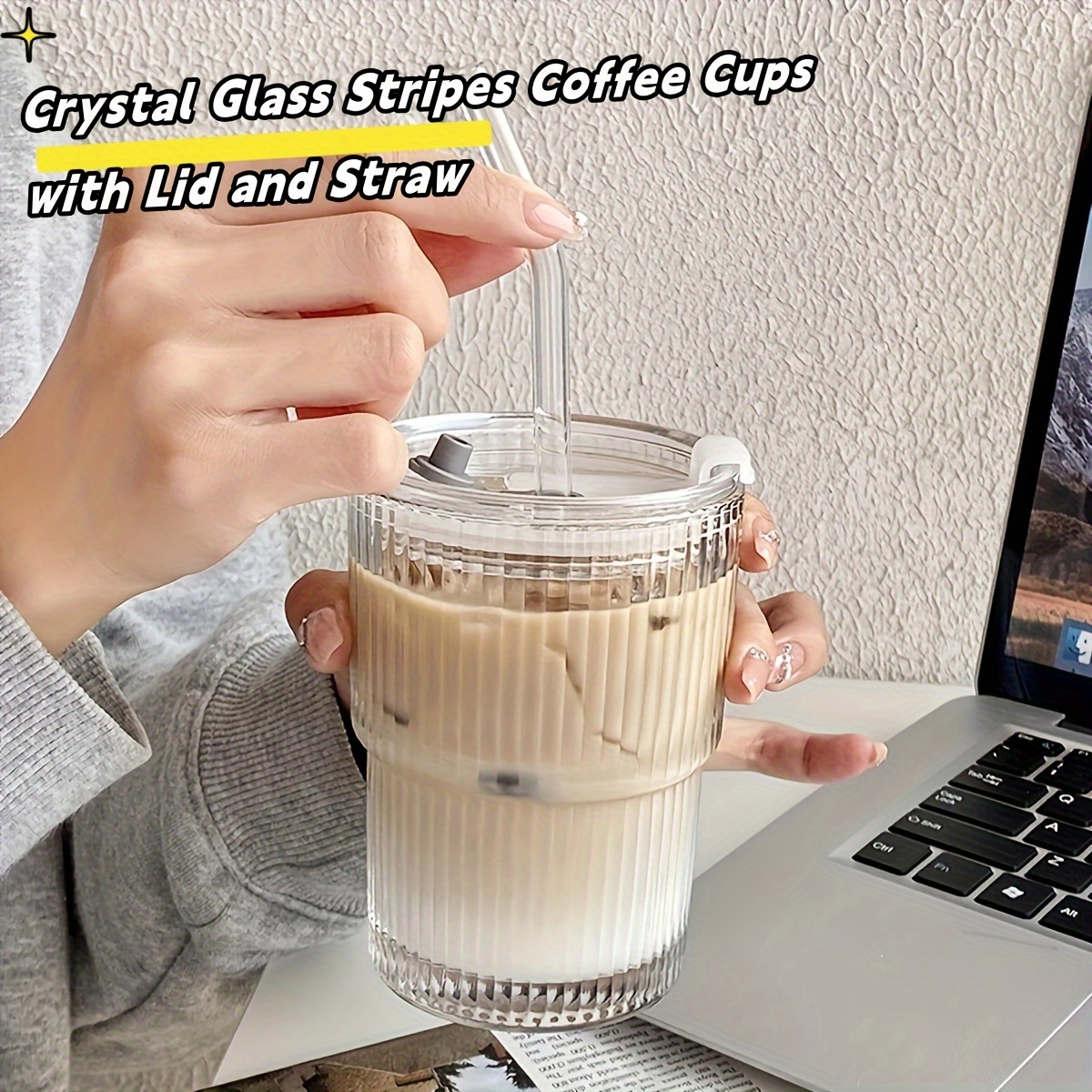

Sipping" Crystal Clear Glass Coffee Mug With Lid & Straw - Perfect For Iced Latte, Juice, Tea | Thick-walled Mason Jar Design | Ideal For On-the-go & Parties | Striped Table Decor