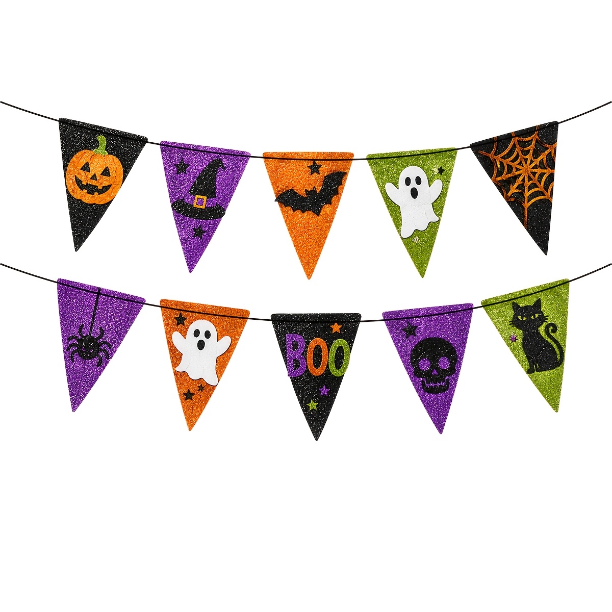 TEMU Lot de 1 Bannière de Fête - Guirlande de Fanions Triangulaires Pailletés d'Halloween, Citrouille Chauve-souris Chapeau de Sorcière Araignée
