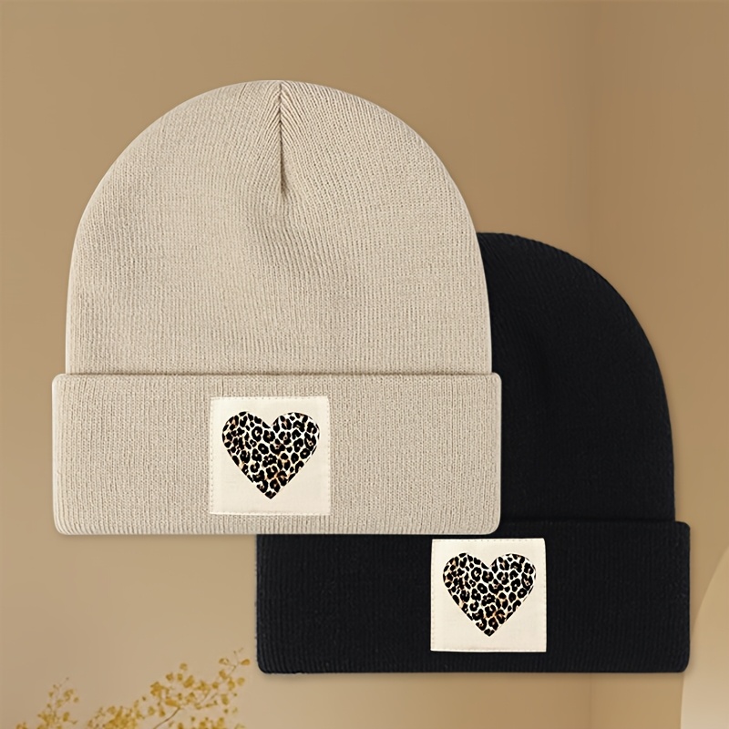 TEMU 2er-Set modische Leopard-Print Herzförmige Beanie Strickmütze Herbst Winter Warme Pullover Kappe Set Geeignet für Outdoor Kälteschutz Ohrwärmer