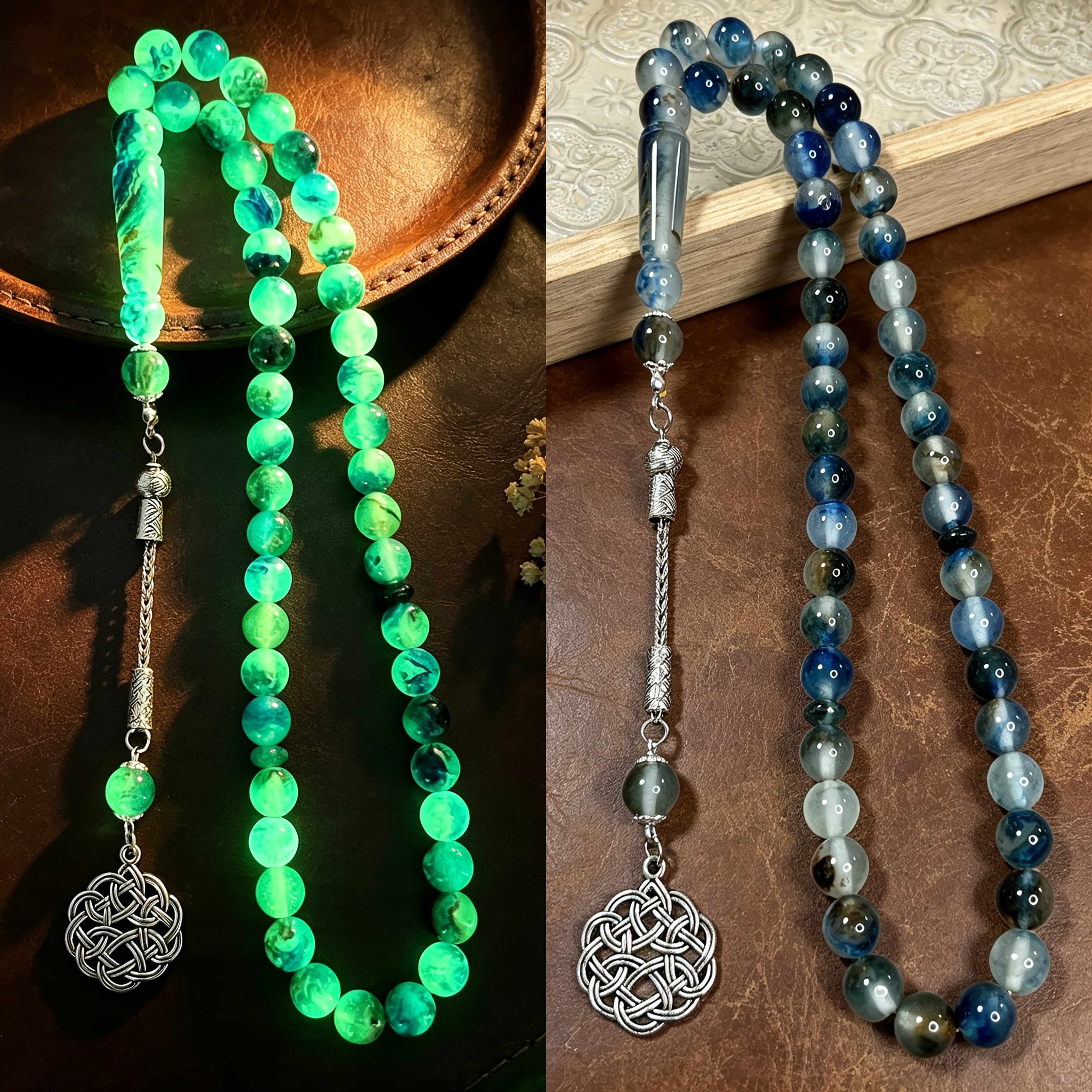 Elegant 45pcs Glowing Resin Beads, Beads With A Celtic Knot Pendant, Eid And Ramadan Accessory, Car Ornament, Night Beads