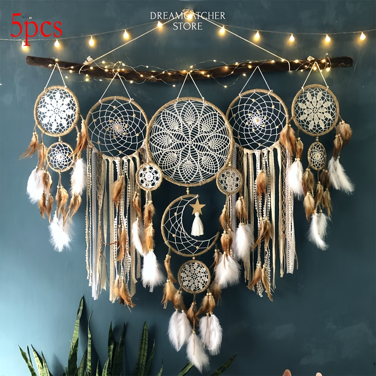 E-shop 5 Stück Große Traumfänger, Handgefertigte Mond-Traumfänger, Schöne Wanddekoration Bohemian-Stil Mond und Sonne Süßes Schlafzimmer-Dekor