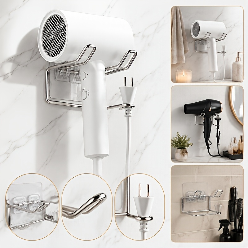 TEMU Porta Asciugacapelli da Parete | Supporto Universale per Asciugacapelli con Gancio per Accessori | Organizer Salvaspazio per Bagno Conservazione