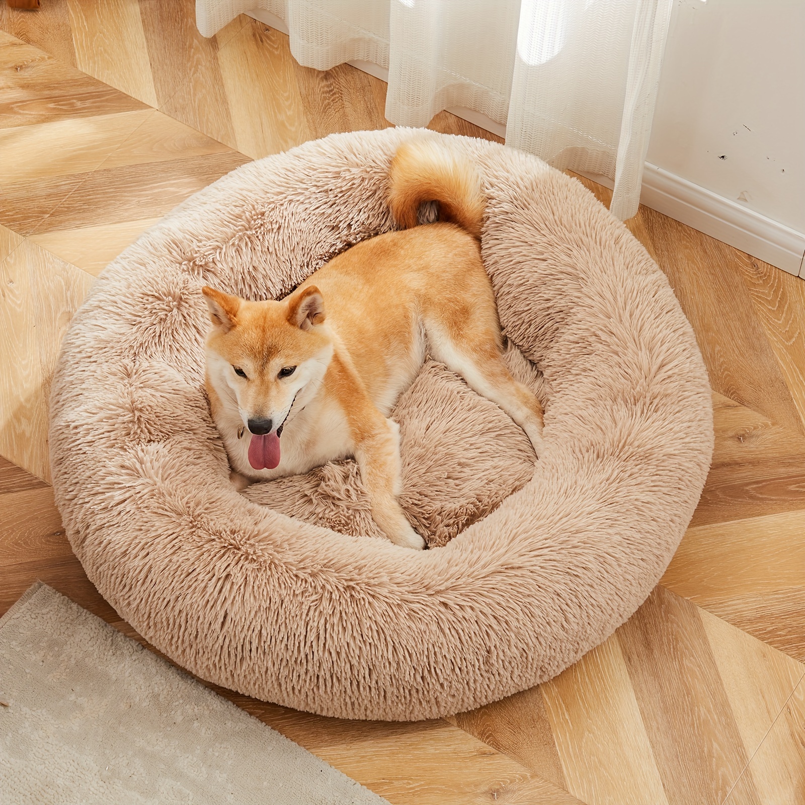 

Calming Dog Bed For Small Dogs And Cats, Washable Small Pet Bed, Anti-slip Round Fluffy Plush Faux Fur Cat Bed, Brown