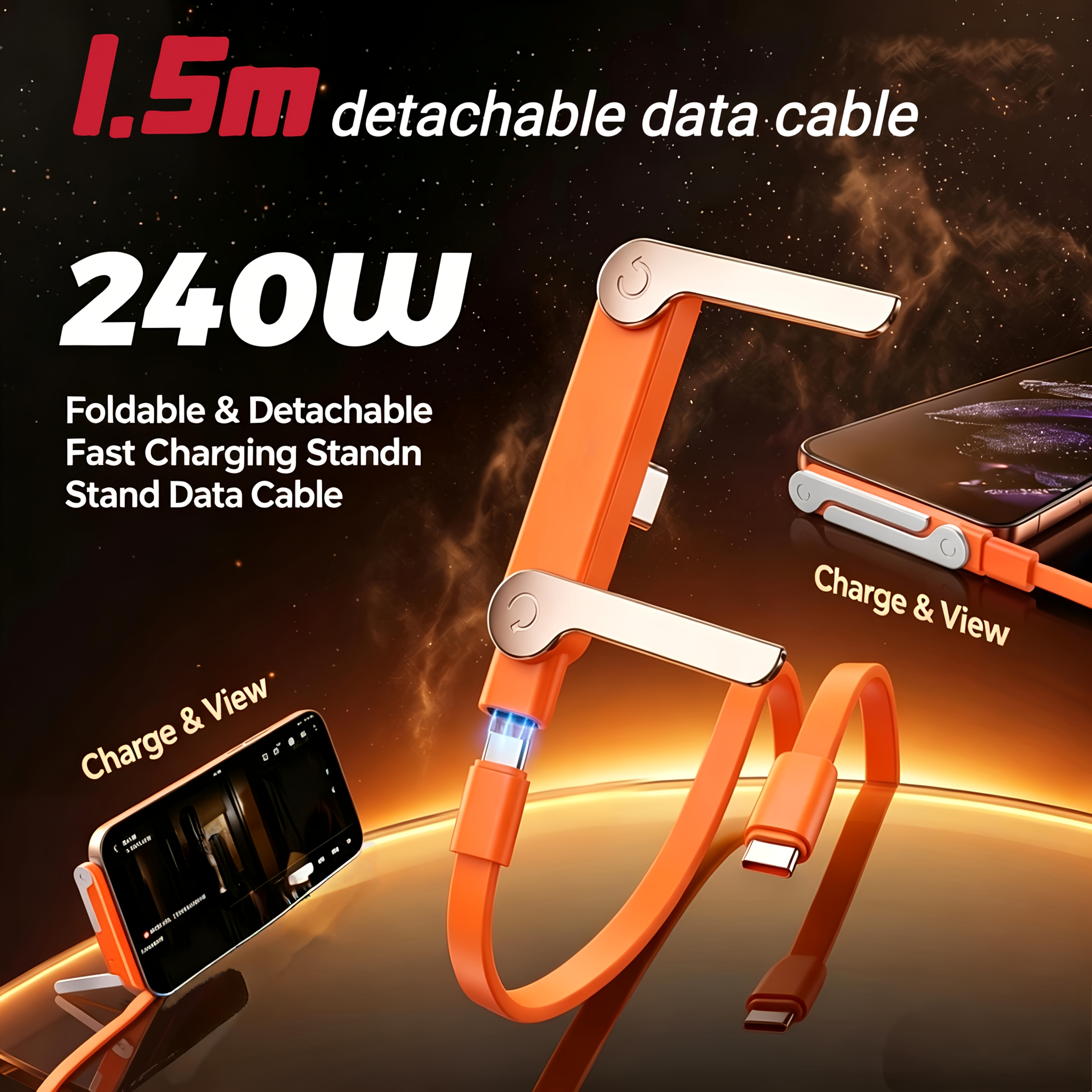 2-In-1 USB C to USB C Fast Charging Foldable Stand Adapter Detachable Cable Type C Desktop Stand Charging Cable Data Cable Fast Charging Data Transfer