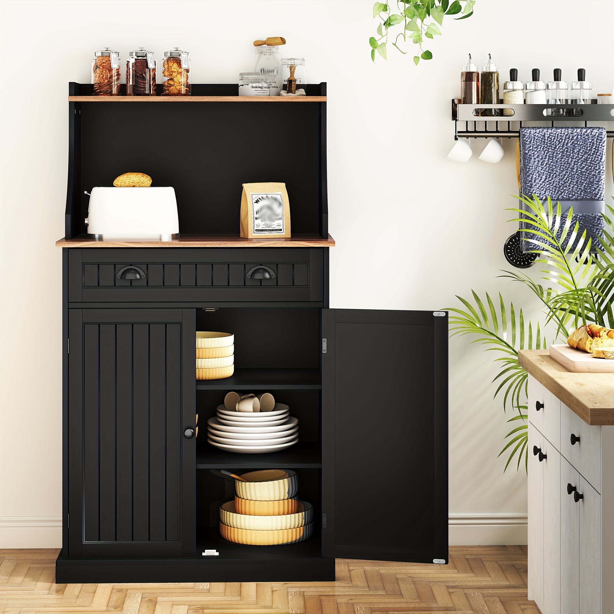 Image of Double-door Storage Cabinet With Adjustable Shelves & Microwave Rack - Multi-scene Use For Kitchen/living Room/bedroom/dining Room/garage, Multiple Colors Optional.