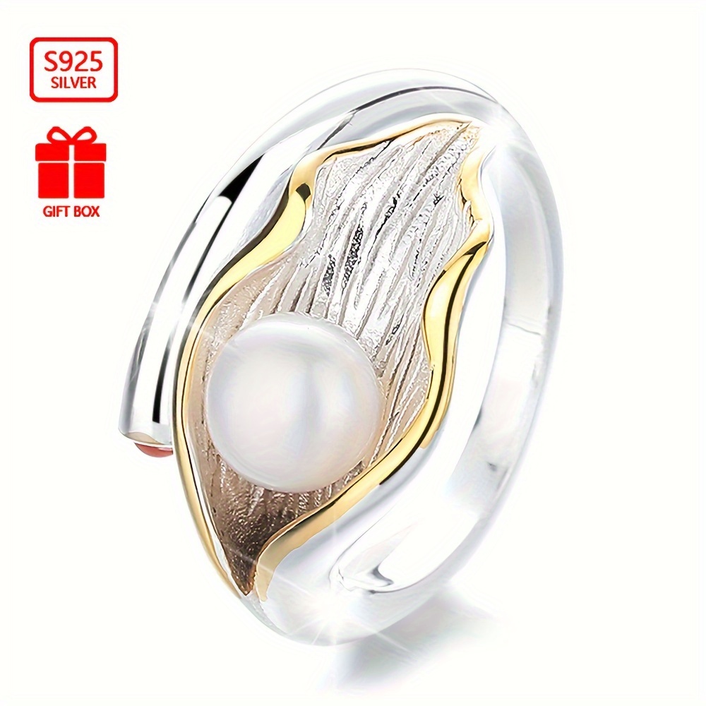

Elegant Sexy Leaf Design 925 Sterling Silver Cuff Ring With Pearl Inlay, No Plating - Adjustable Open Band For Women, Suitable For Party And Wedding Occasions