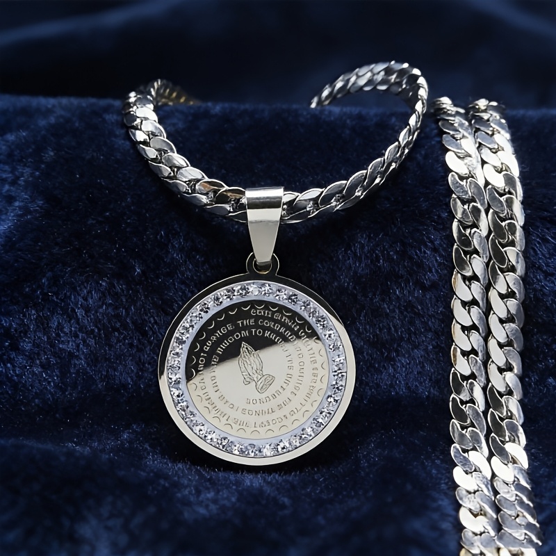 1pc Christian Necklace Stainless Steel Round Plate Inlaid With Artificial Zirconia Design Anti-allergy Religious Gift