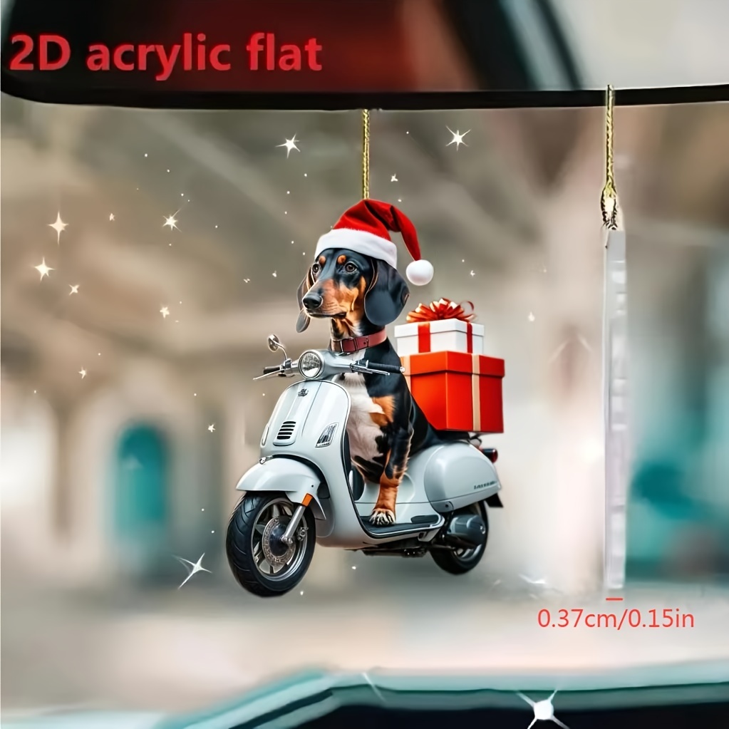 

1pc Dachshund Christmas Motorcycle Acrylic Ornament - 2d Flat Pendant For Car Mirror, Bags & Keychains - Gift Accessory